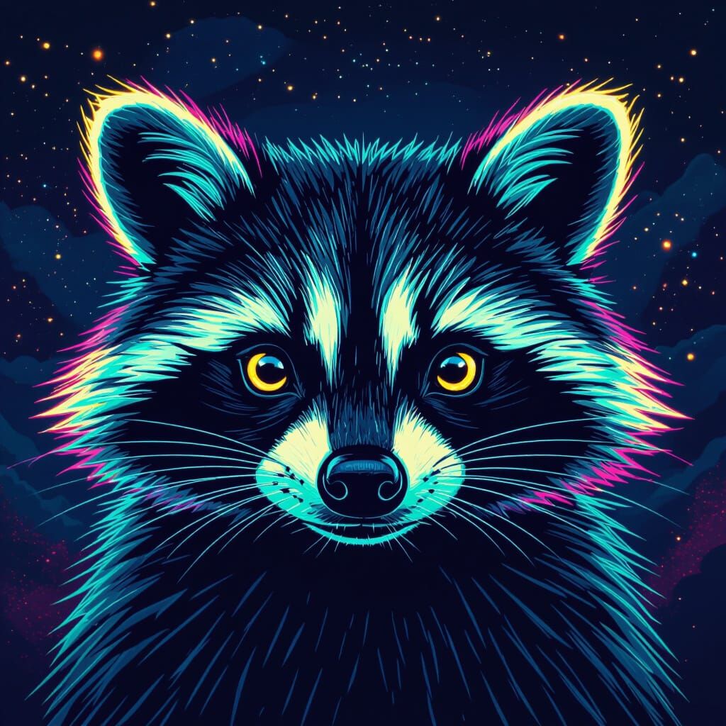 Raccoon Face with Neon Accents in Electric Style