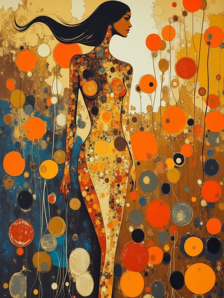 Golden Goddess in Vibrant Swirl Dance, Inspired by Gustav Kl...