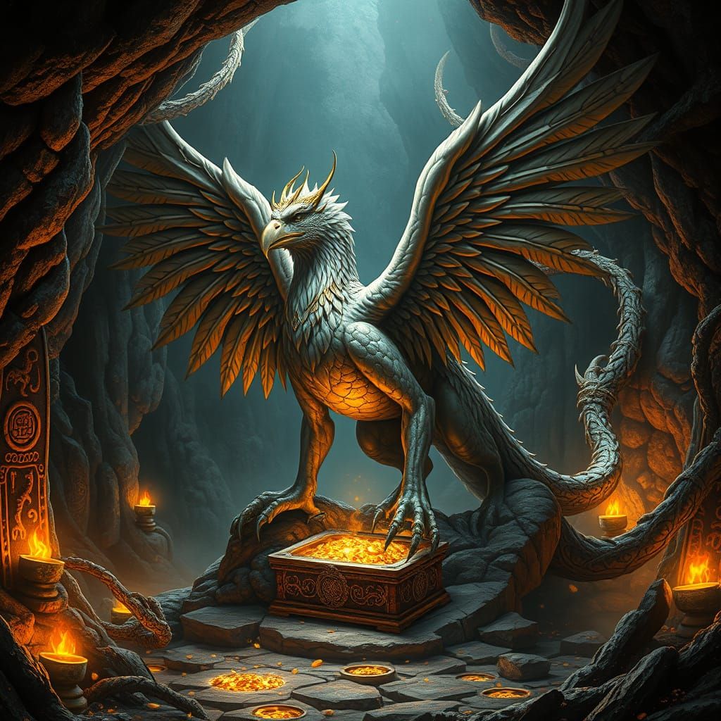 Majestic Griffin Guards Treasure Trove in Ancient Landscape