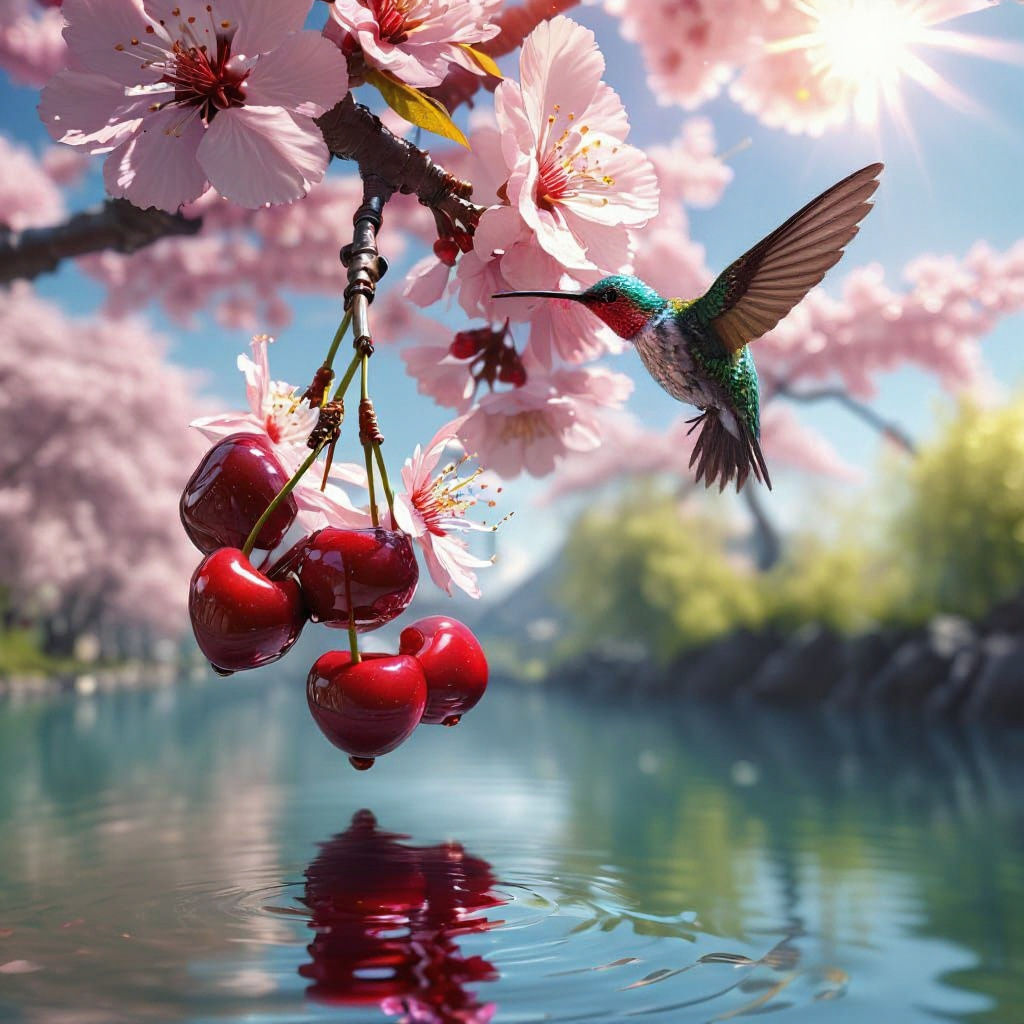 Hummingbird Delivers Cherries in Blossom Landscape