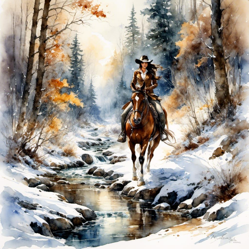 Brunette Cowgirl Rides Horse Through Snowy Forest