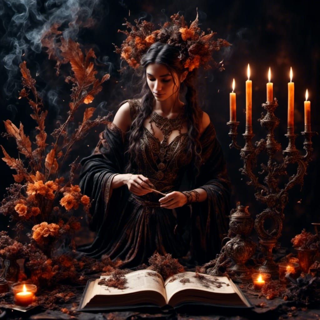 Ancient Alchemist Witch Conjuring Smoke Fairies