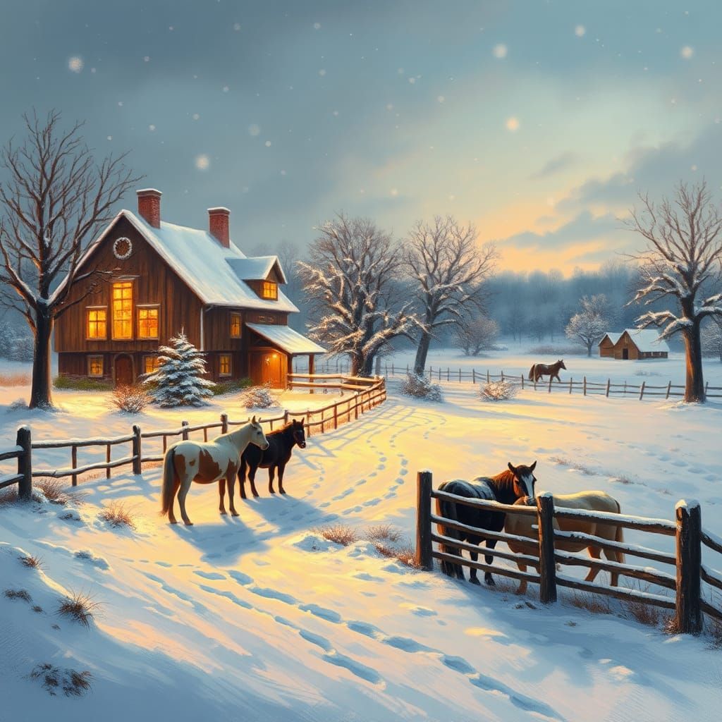 Winter Farm at Dusk in Impressionist Style