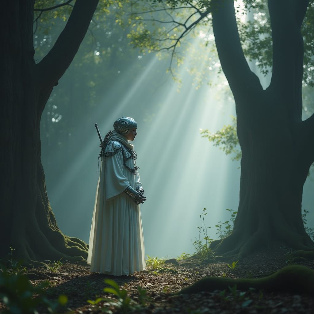Cyborg Weeping in Cathedral of Trees, Art Nouveau