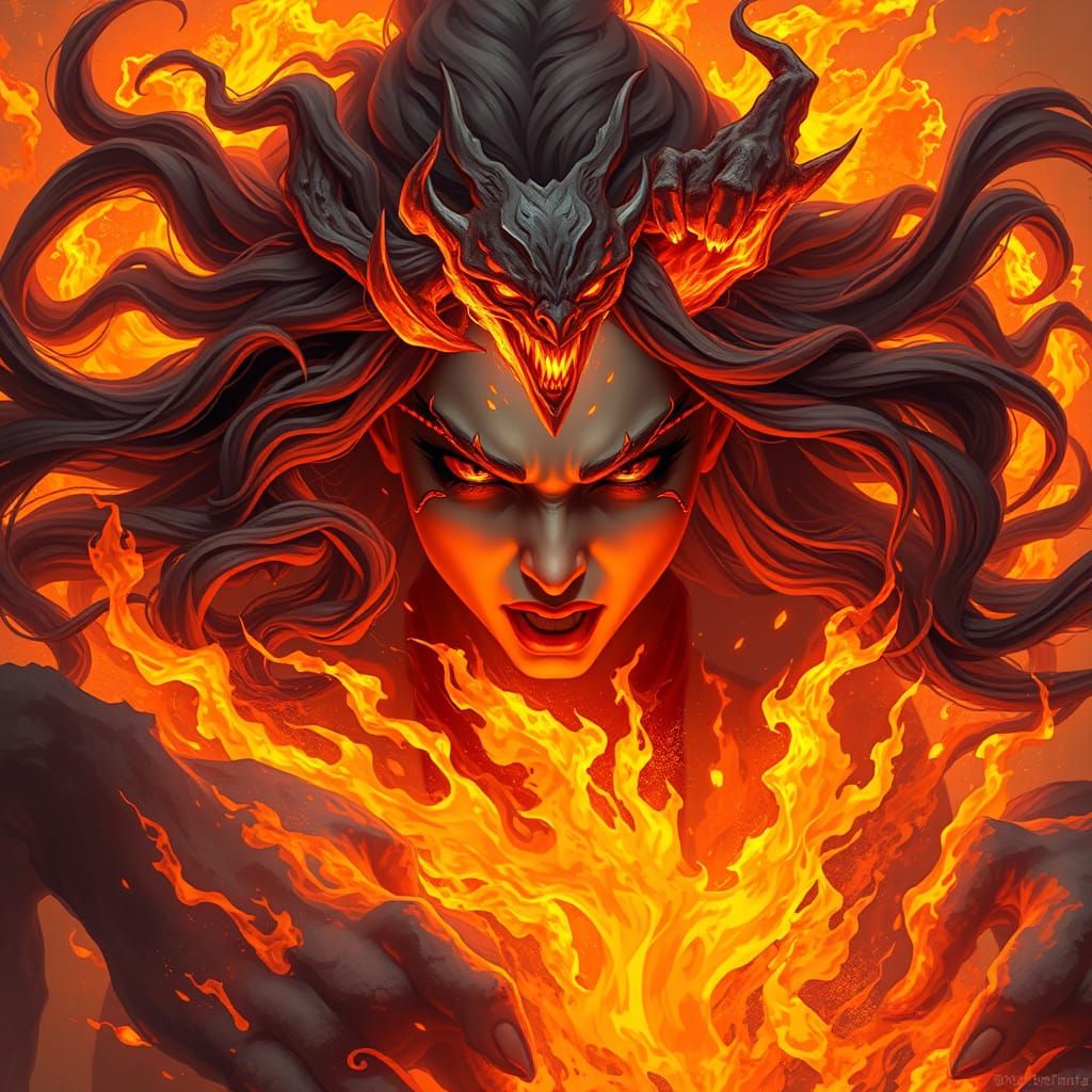 Fierce Fire Goddess Amidst Explosions