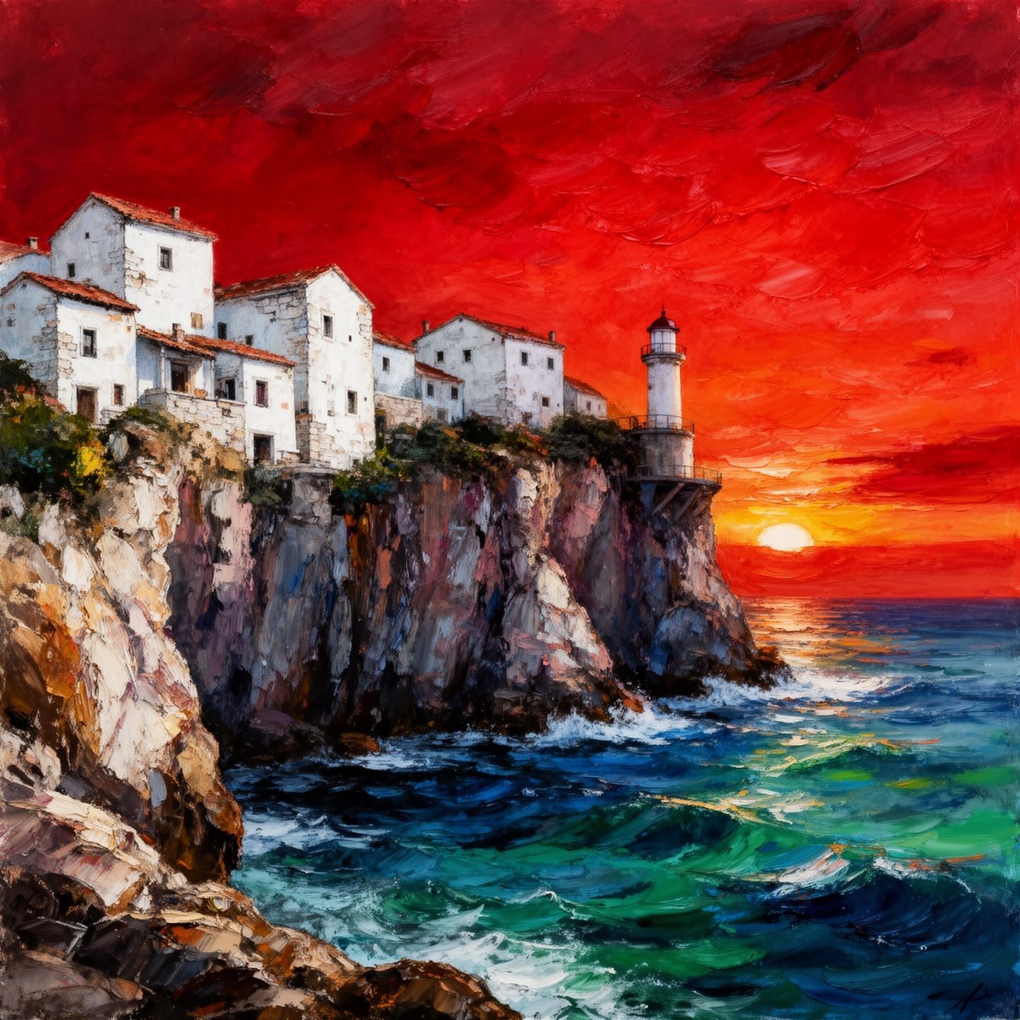 Crimson Sunset Over Coastal Cliff Village and Lighthouse