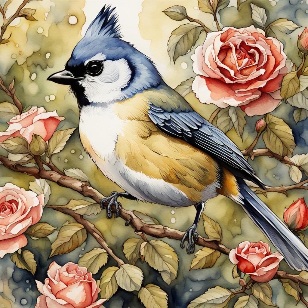 Titmouse in Rosebush Watercolor Portrait