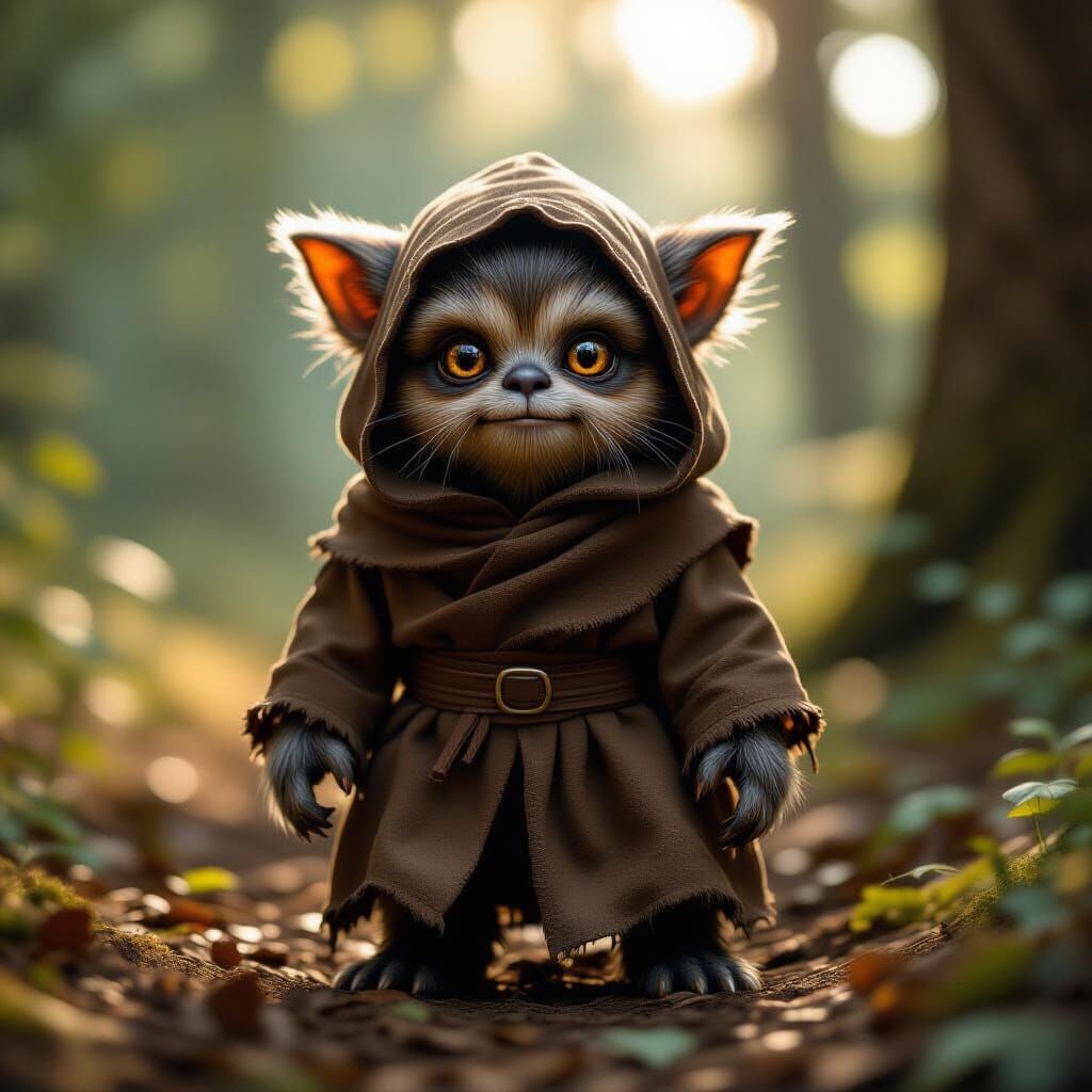 Photorealistic Hybrid Jawa Ewok Creature in Sunlit Forest