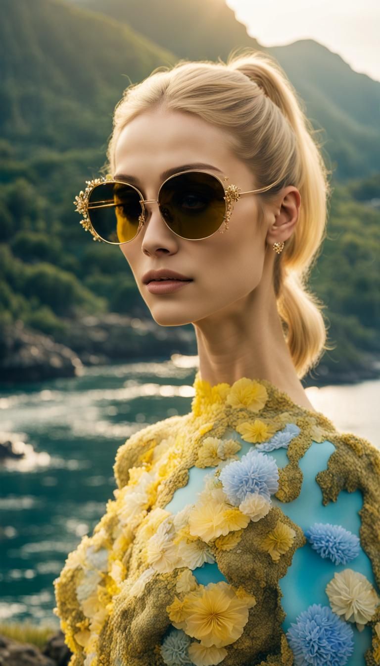 Blonde Model in Floral Gown at Beach, 3D Render