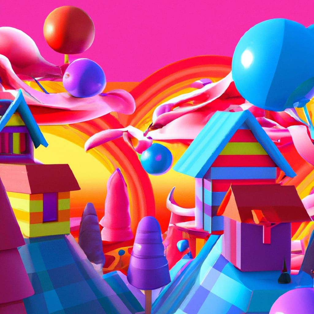 Surreal Candyland: Floating Houses and Zigzag Trees