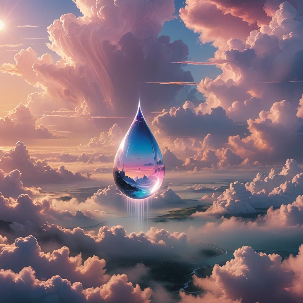 Ethereal Teardrop in Misty Watercolor Clouds