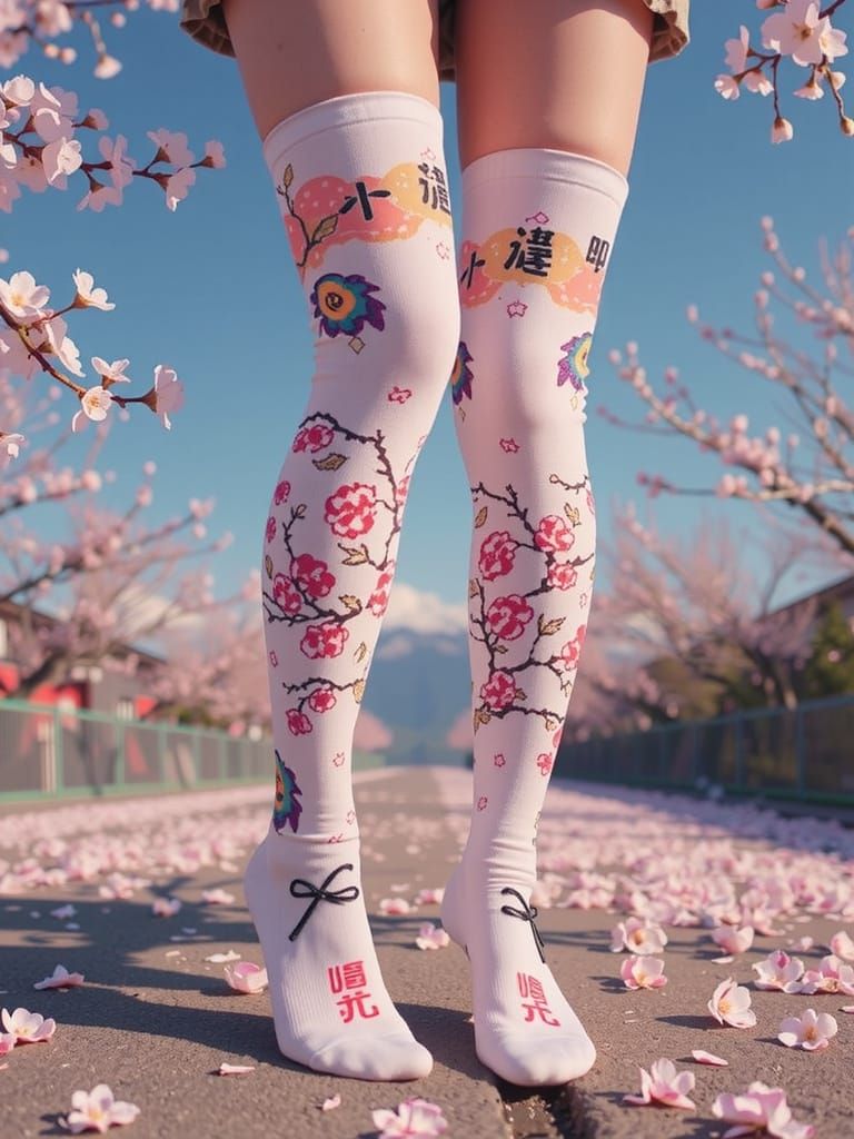 Japanese Socks with Cherry Blossoms and Kanji Art