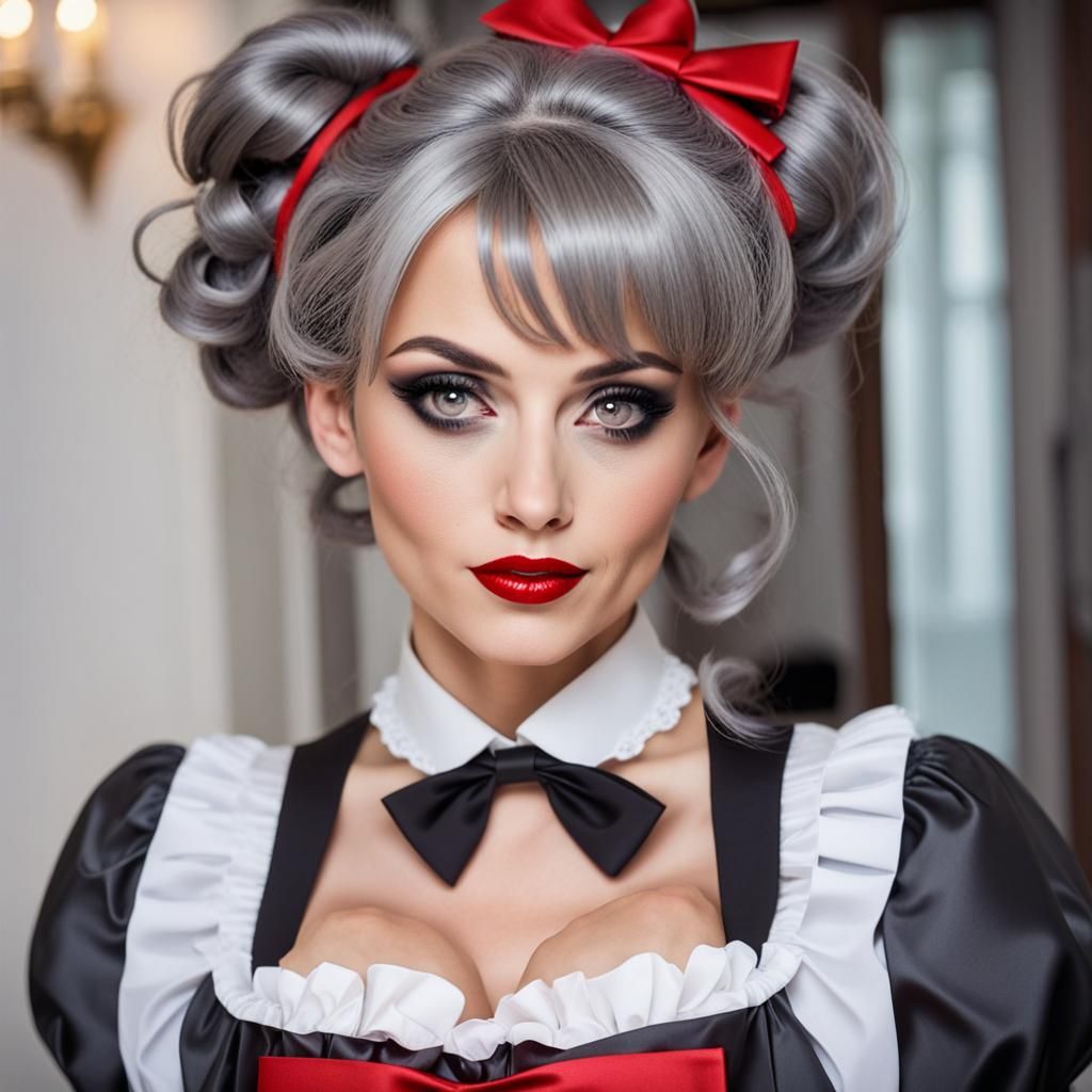 French Maid with Smoky Eyes and Red Lipstick