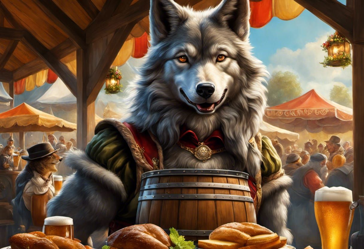 female wolf enjoying meal and beer at oktoberfest