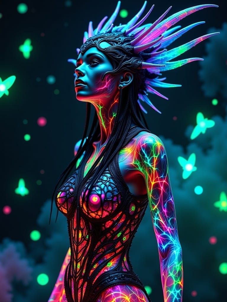 Translucent Goddess in Bioluminescent Mosaic Dress