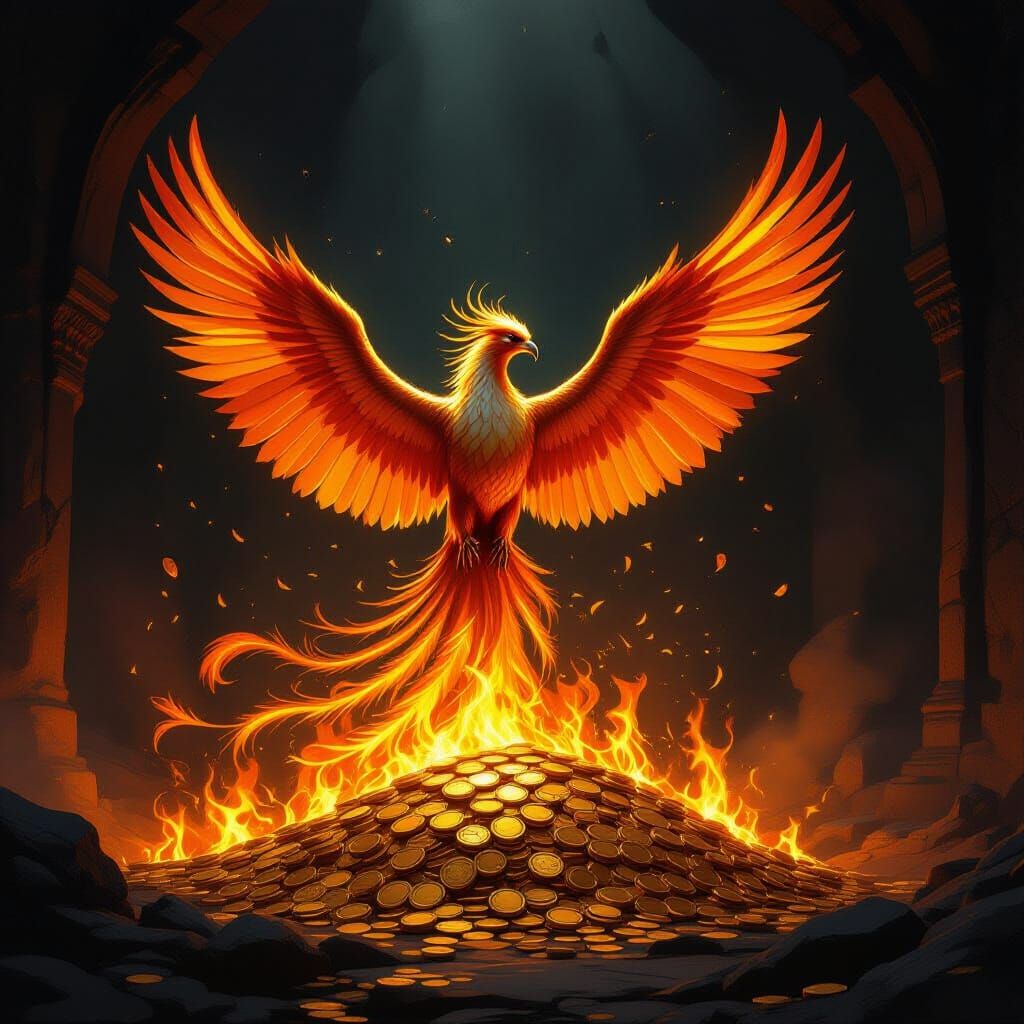 Majestic Phoenix Rises from Burning Gold Coins