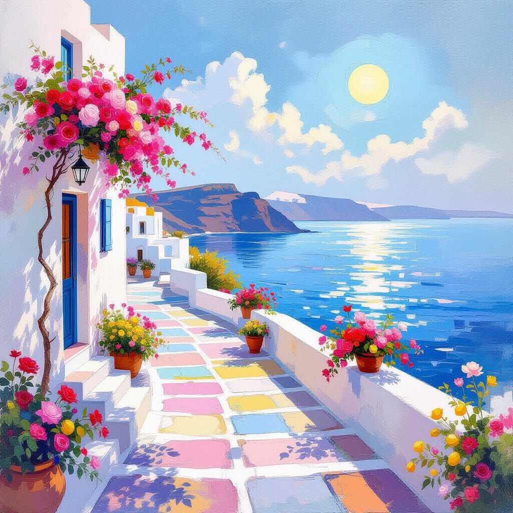Santorini in Impressionist Rococo Metamodern Style