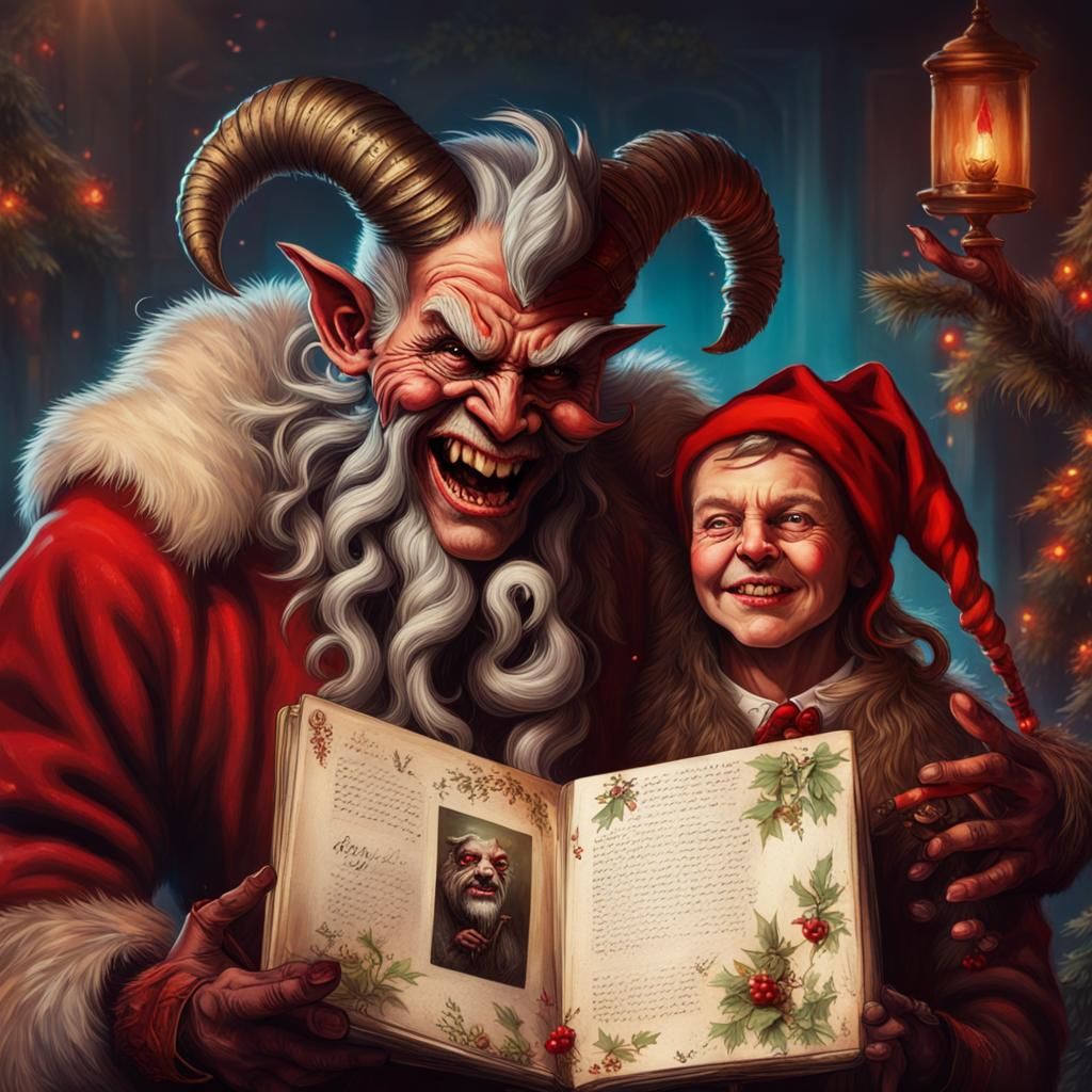 Krampus and Santa Claus Joyfully Viewing Photo Album