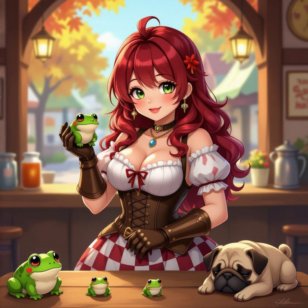 Anime Woman in Checkered Dress with Frog and Pug Puppy
