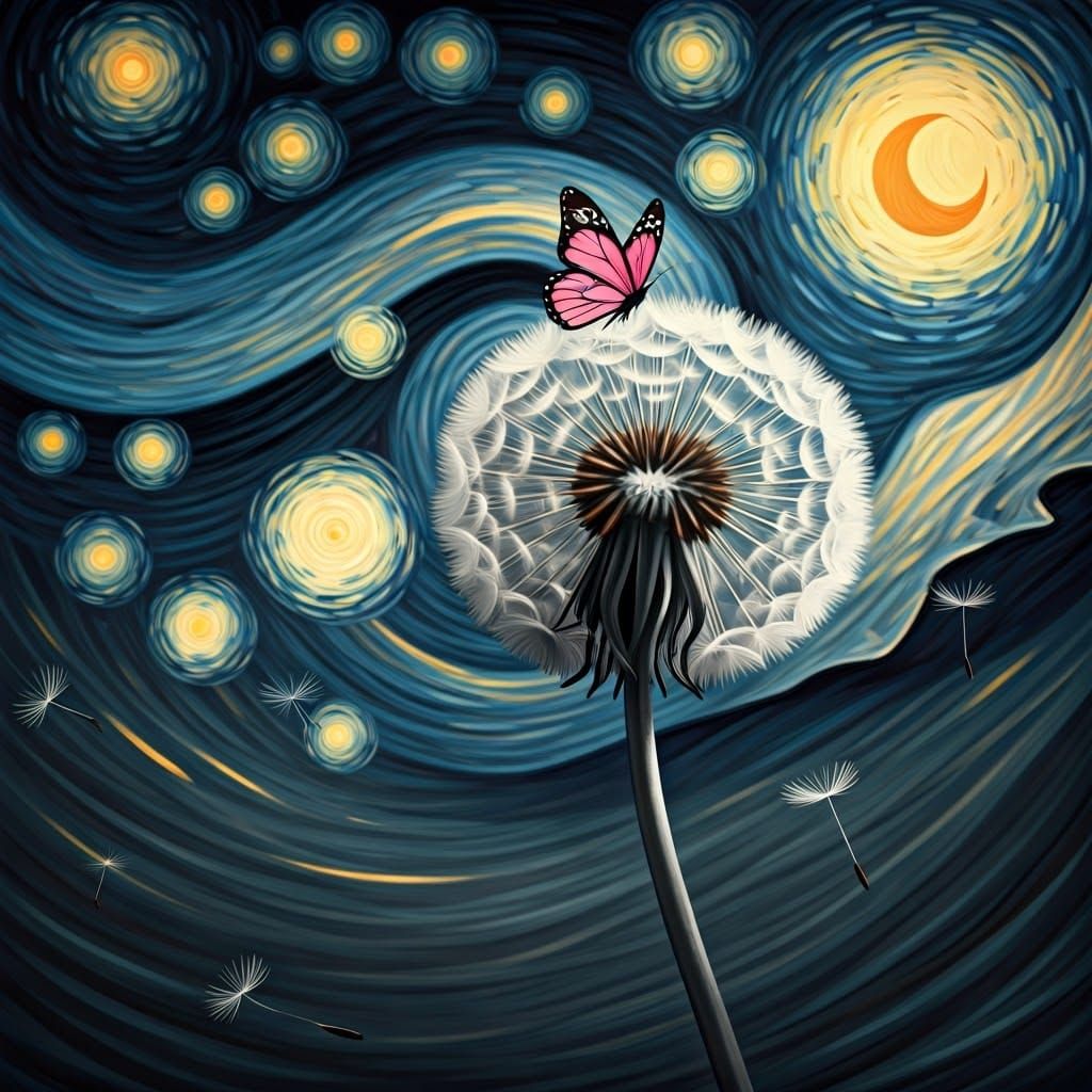 Dandelion and Butterfly in Post-Impressionist Style