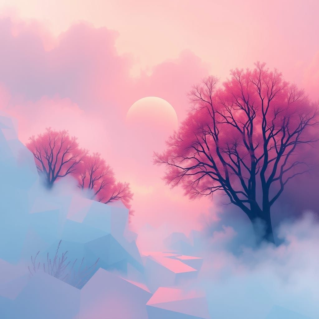 Dreamy Rose and Blue Cubist Landscape in Abstract Euclidean ...