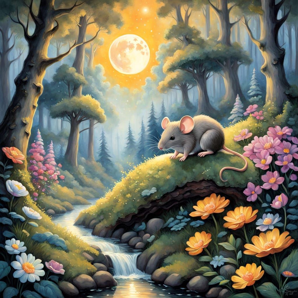 Whimsical Moonlit Forest Scene in Storybook Style