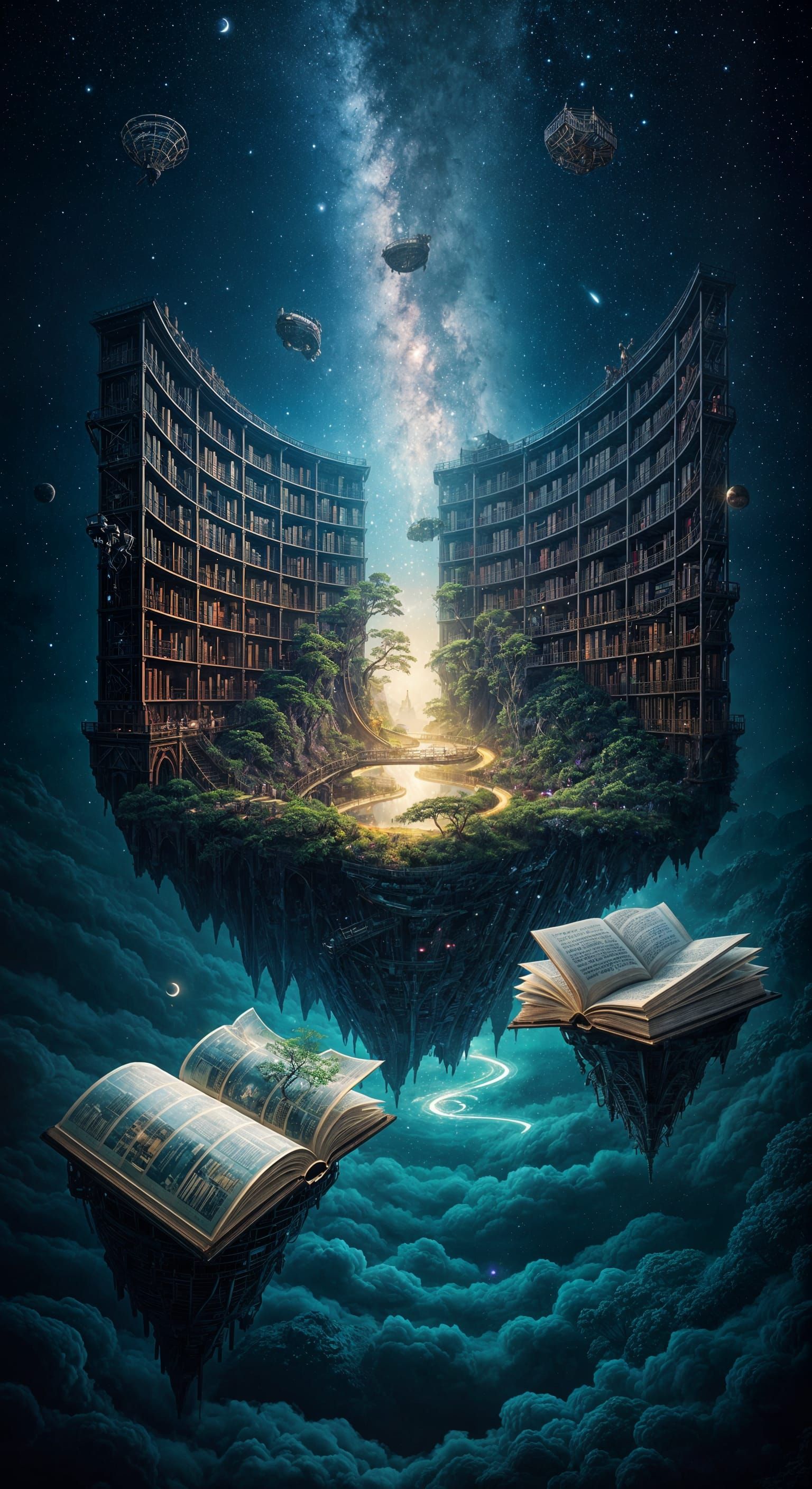 Surreal Floating Library in Night Sky with Fantasy Worlds