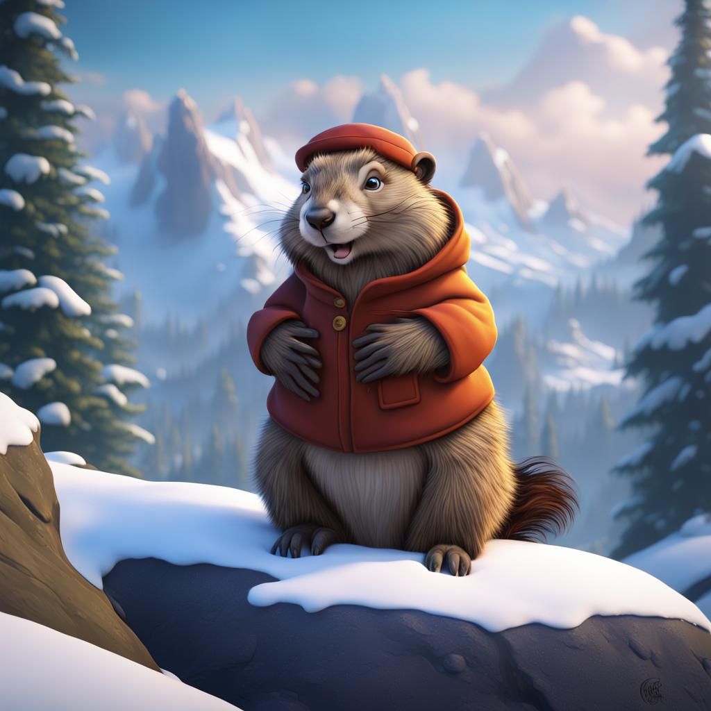 Marmot in Disney Cartoon Style Winter Scene