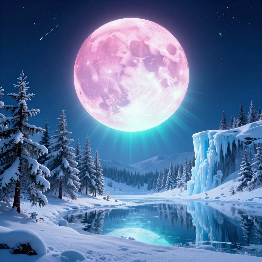 Glowing Pink and Turquoise Moon Over Winter Landscape