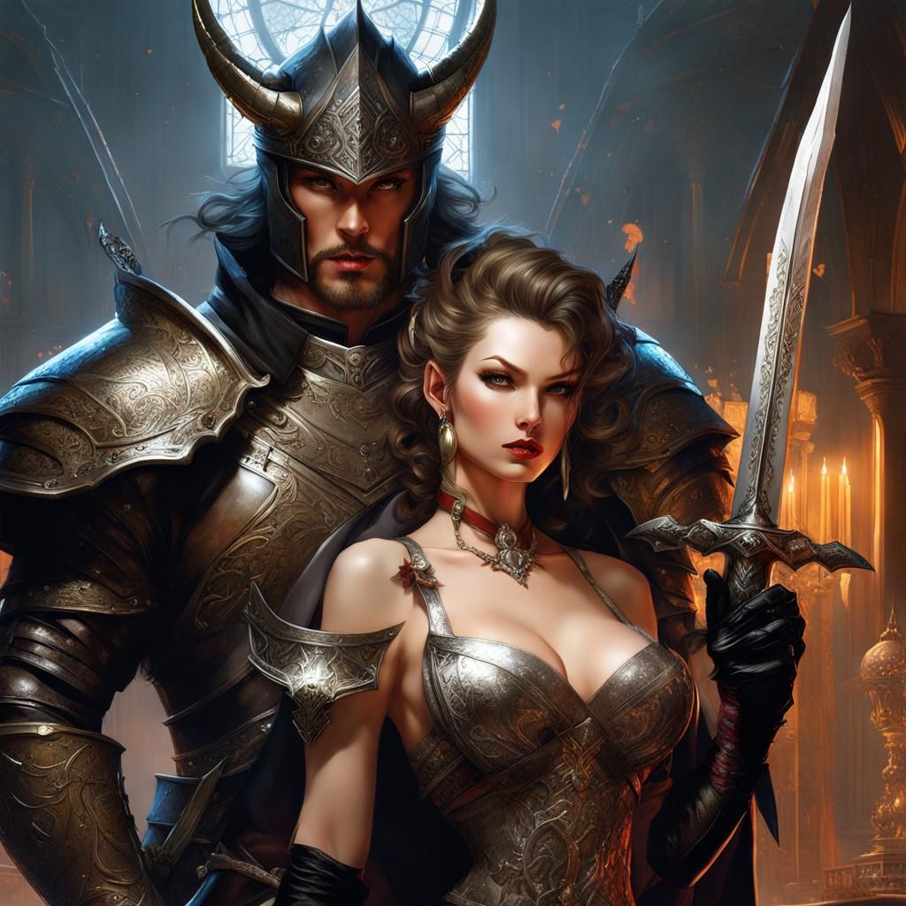 Fantasy Pin-Up: Witch and Dragonborn Knight