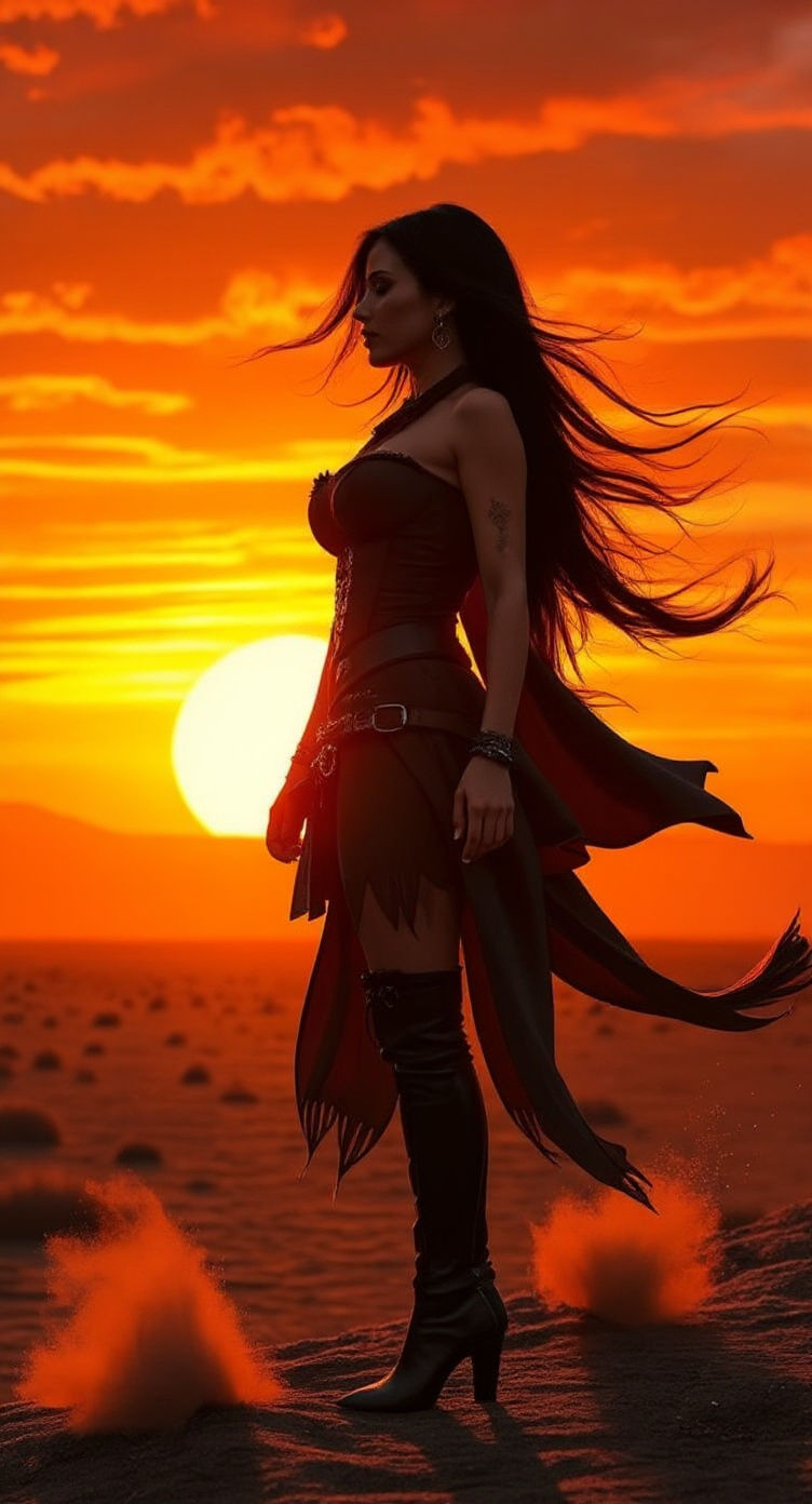 Gunslinger Silhouette Against Fiery Sunset