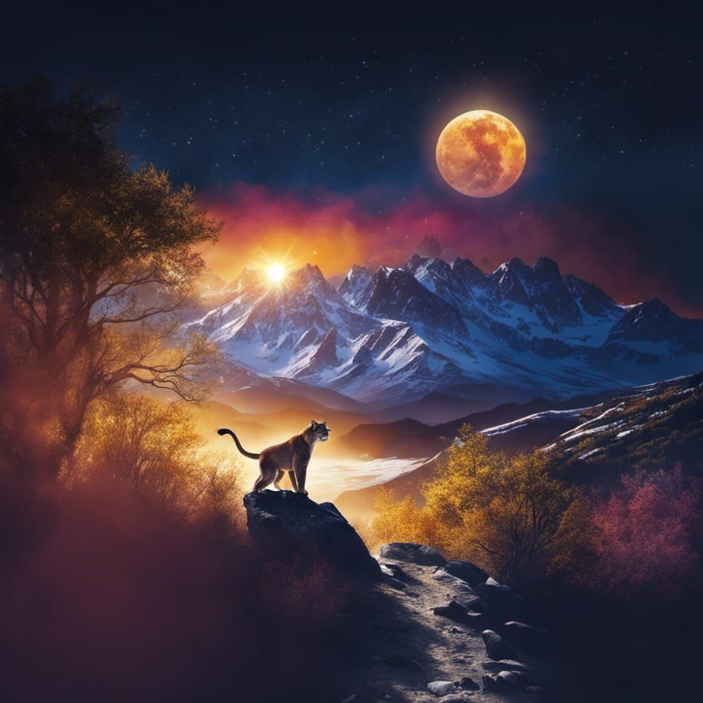 Roaring Mountain Lion in Colorful Mountain Landscape