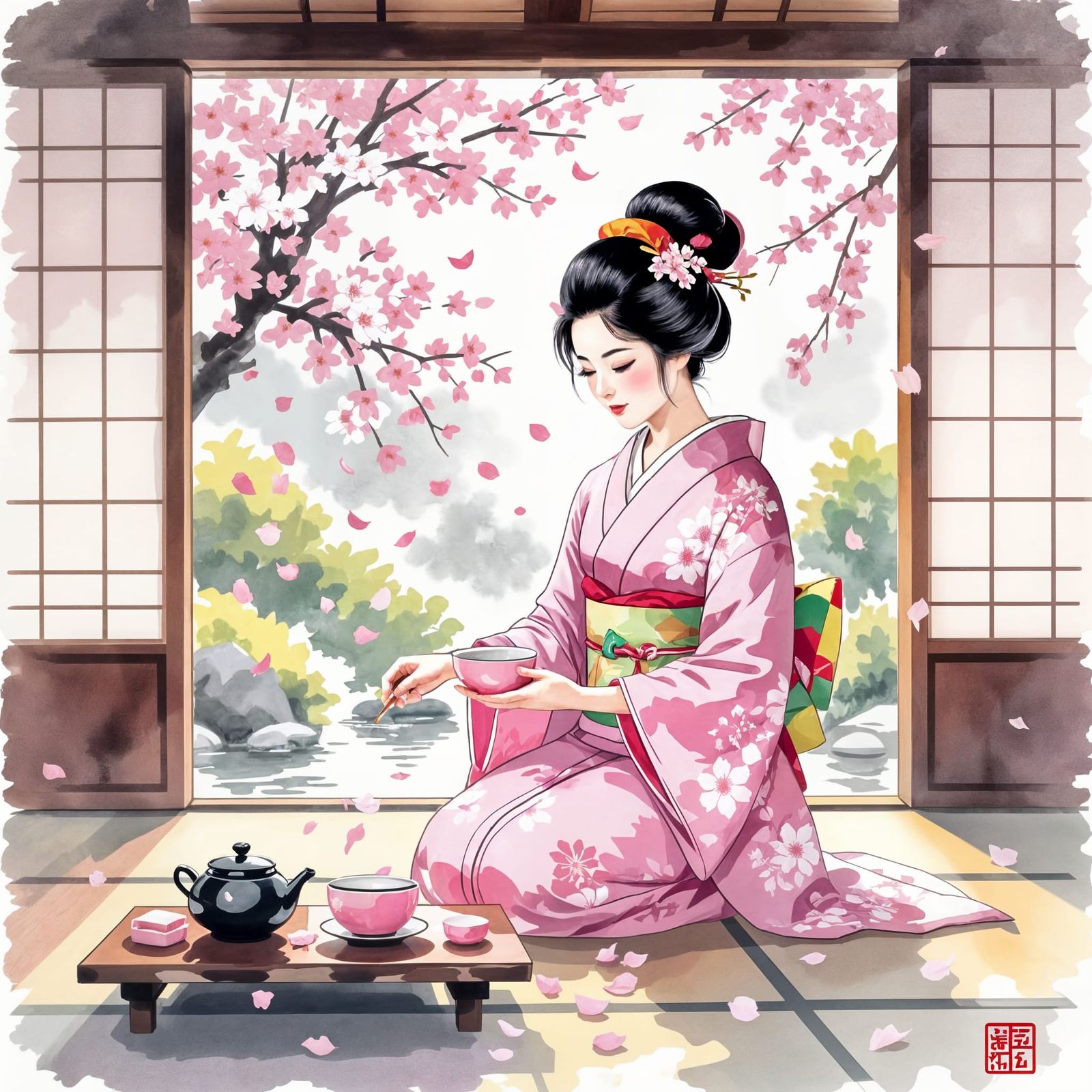 Serene Tea Ceremony in Japanese Watercolor Style