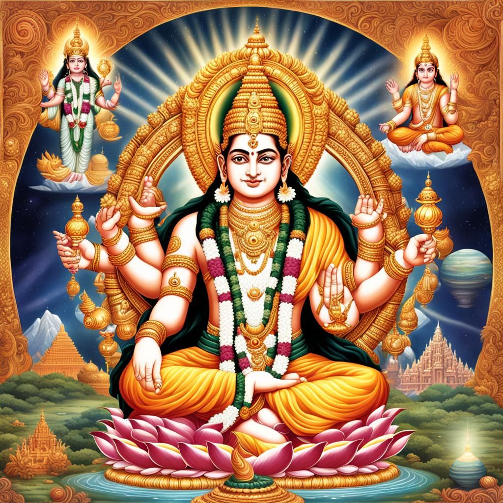 Celestial Hierarchy Featuring Brahma, Shiva, and Vishnu