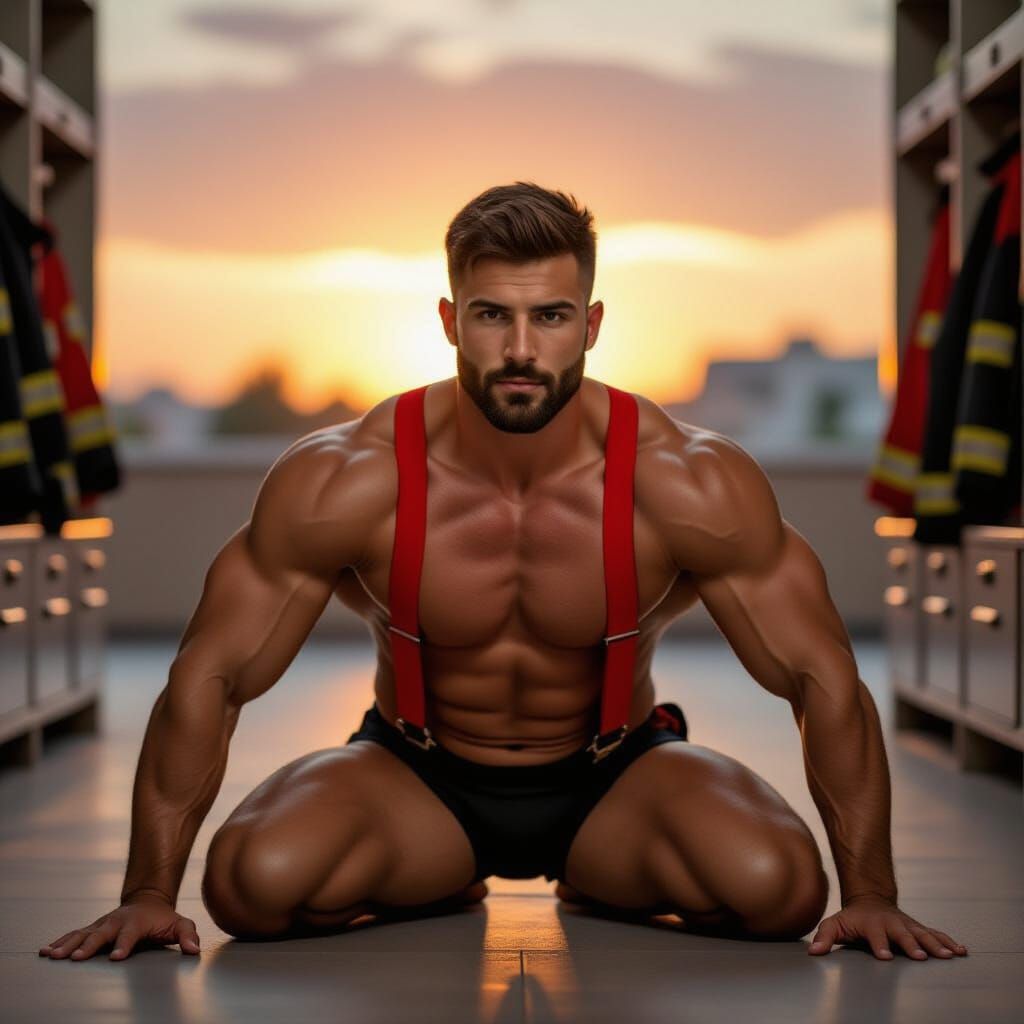 Romantic Photo of Handsome Firefighter Stretching