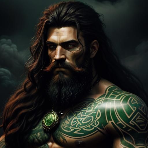 Celtic tattooed warrior. Green eyes and extremely long curly beard and hair. Black mood. Chiaroscuro soft blended light,...