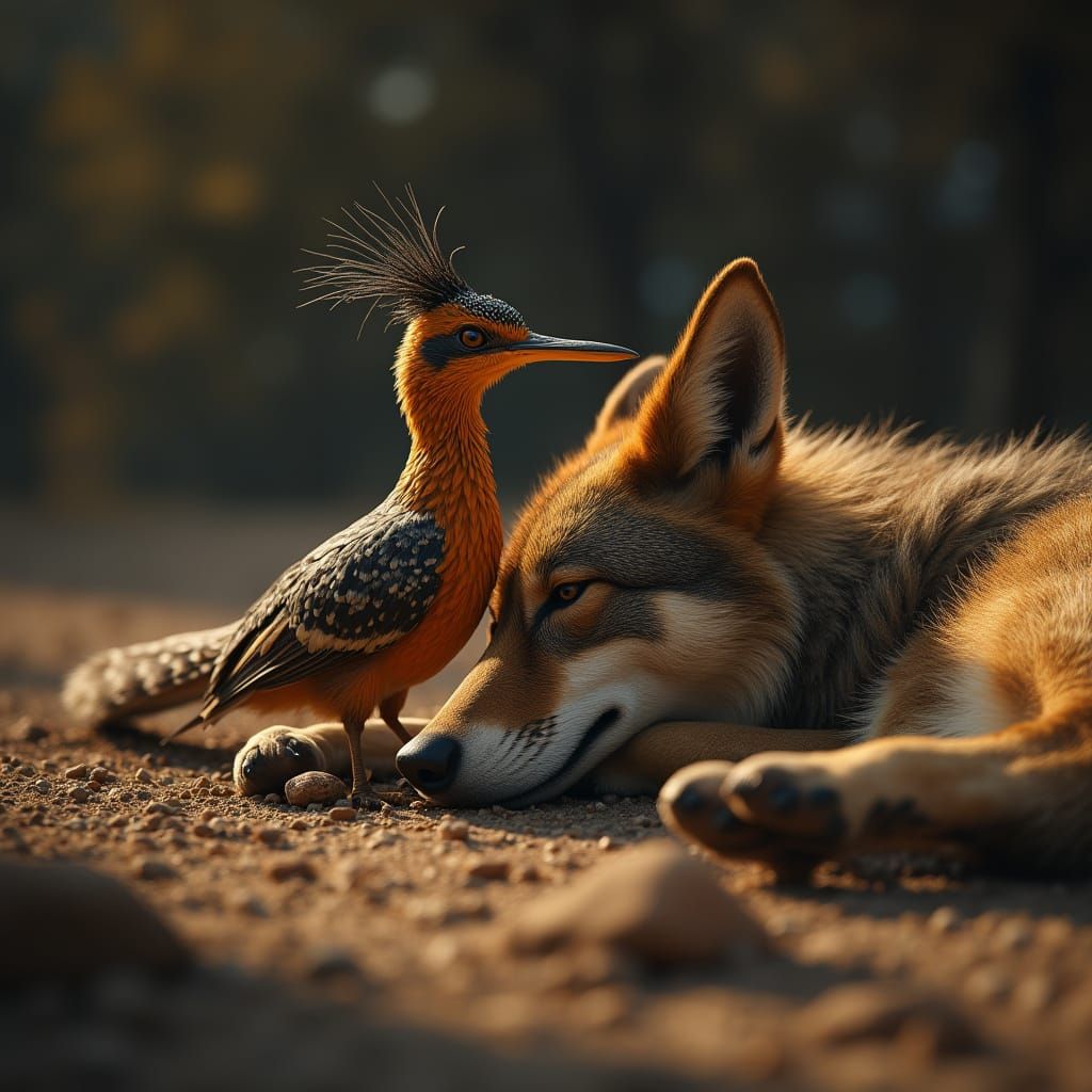 Roadrunner and Coyote in Warm, Intimate Atmosphere