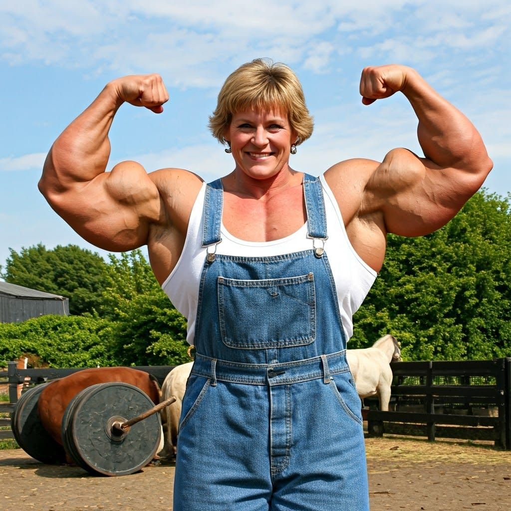 Giant Powerlifter Farmer Flexing Bicep in Farmyard