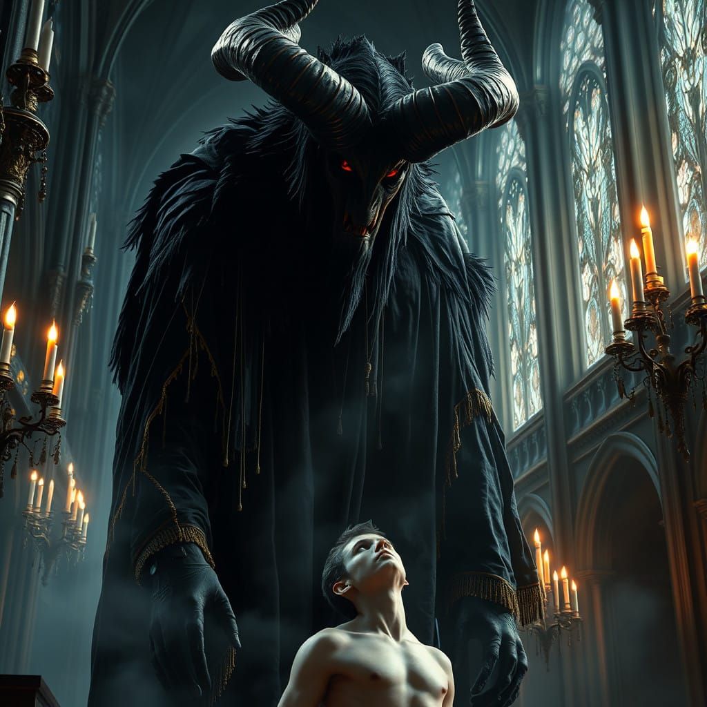 Dark God Contemplates the Birth of Humanity in a Gothic Cath...