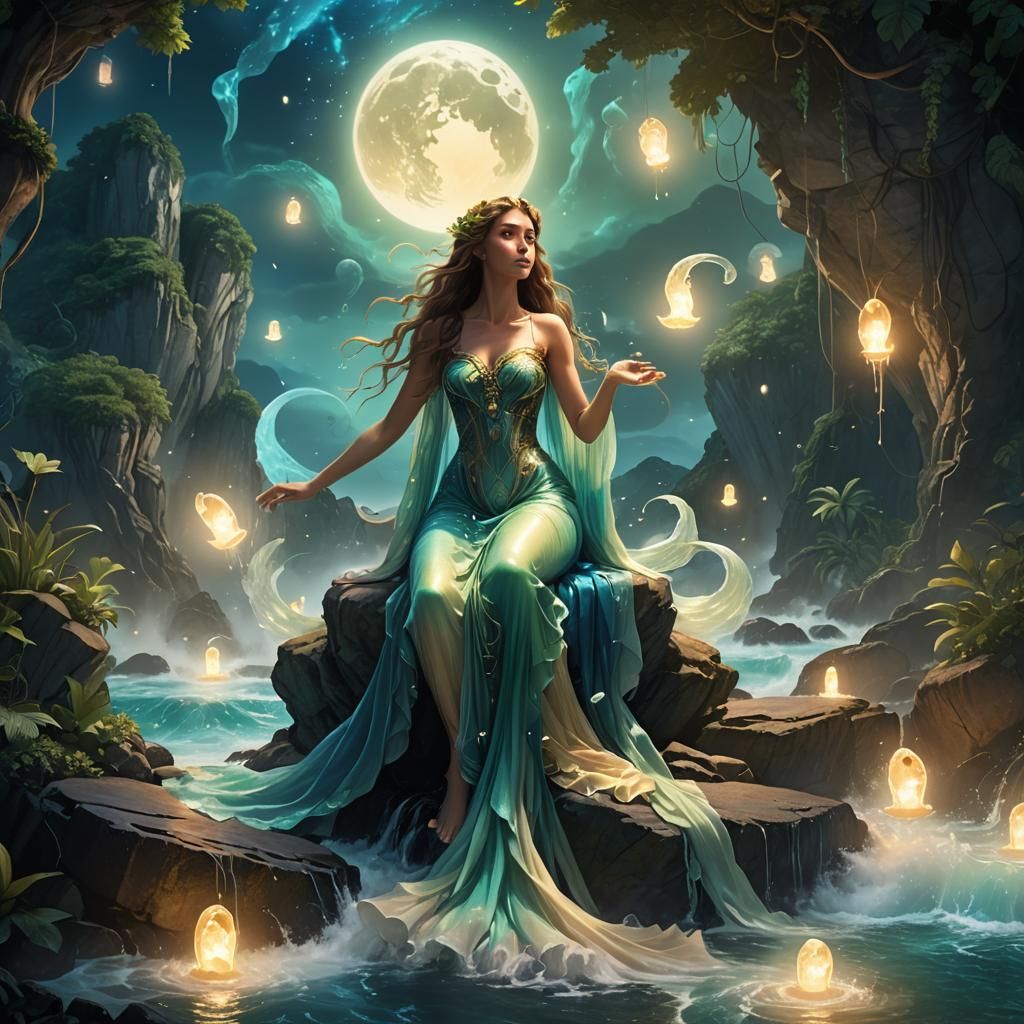 Mystical Siren on Crescent Moonlit Outcropping in Vibrant Fa...