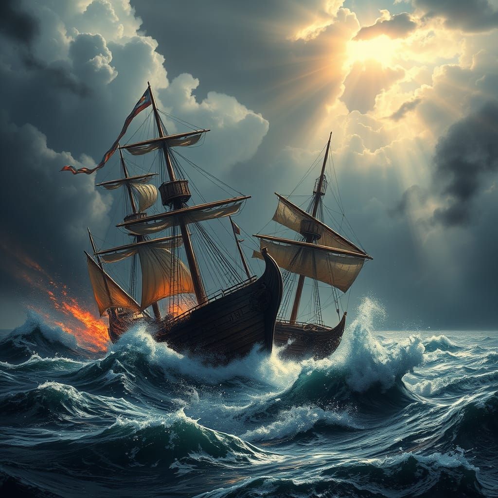 Dramatic Naval Clash Under Stormy Skies