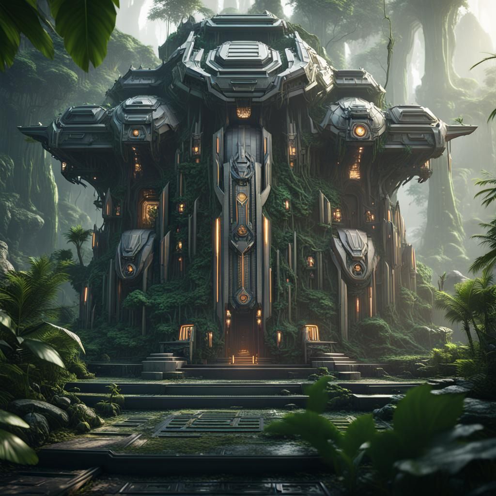 Futuristic Jungle Temple with Intricate Sci-Fi Details