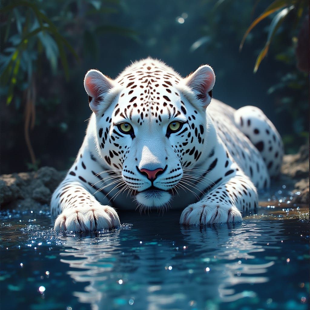 Albino Jaguar Soaking in a Jungle Oasis