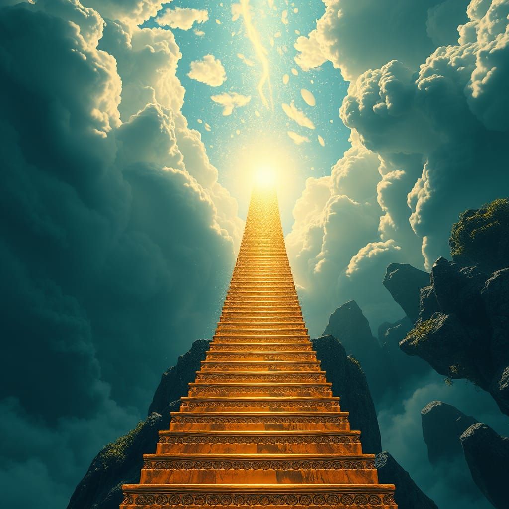 Golden Staircase Ascending to Sky, Fantasy Art