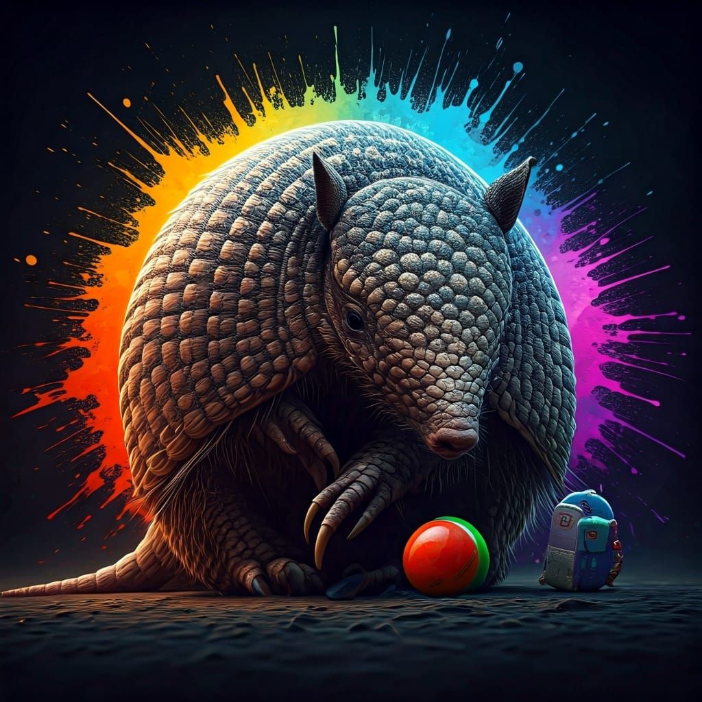 Playful Armadillo with Toys in Hyperrealistic Style