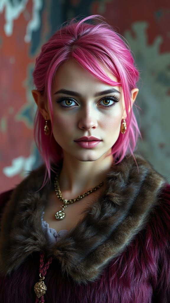 Hyperrealistic Elf Woman Portrait with Pink Hair