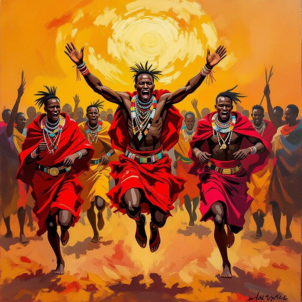 Maasai Warriors Leap in Impasto Expressionist Style