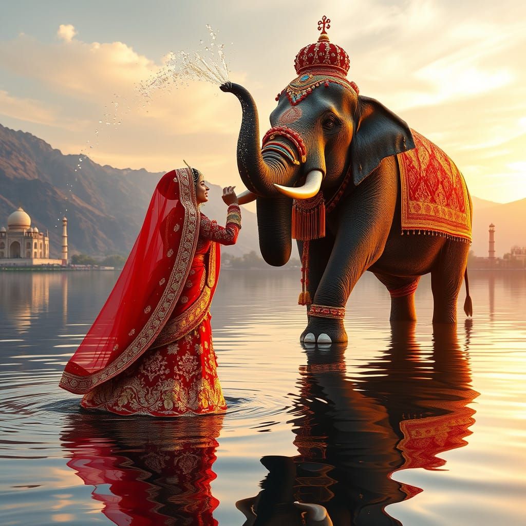 Regal Indian Bride in Splendid Sunset Scene amidst Elephants...