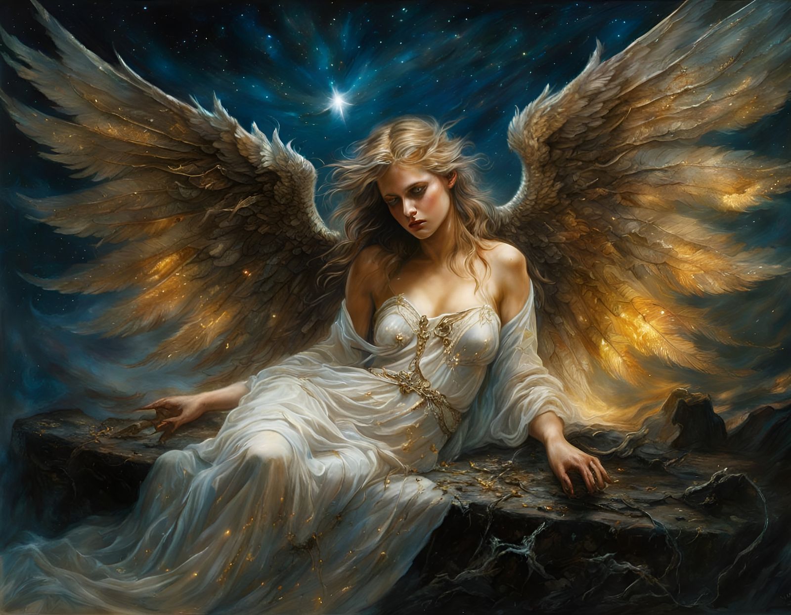 Ethereal Broken Angel Painting on Starry Night