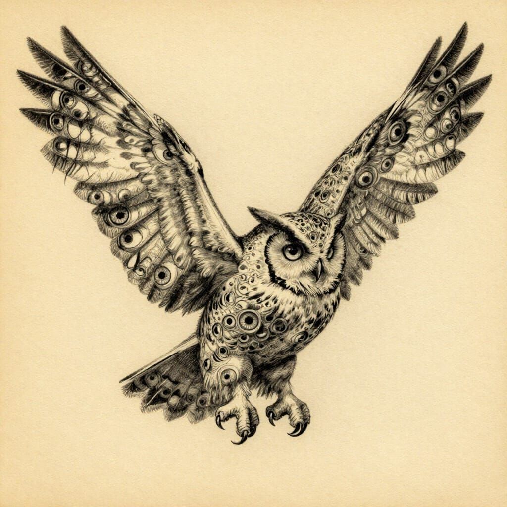 Mysterious Owl Spirit with Many Eyes, Pencil Sketch